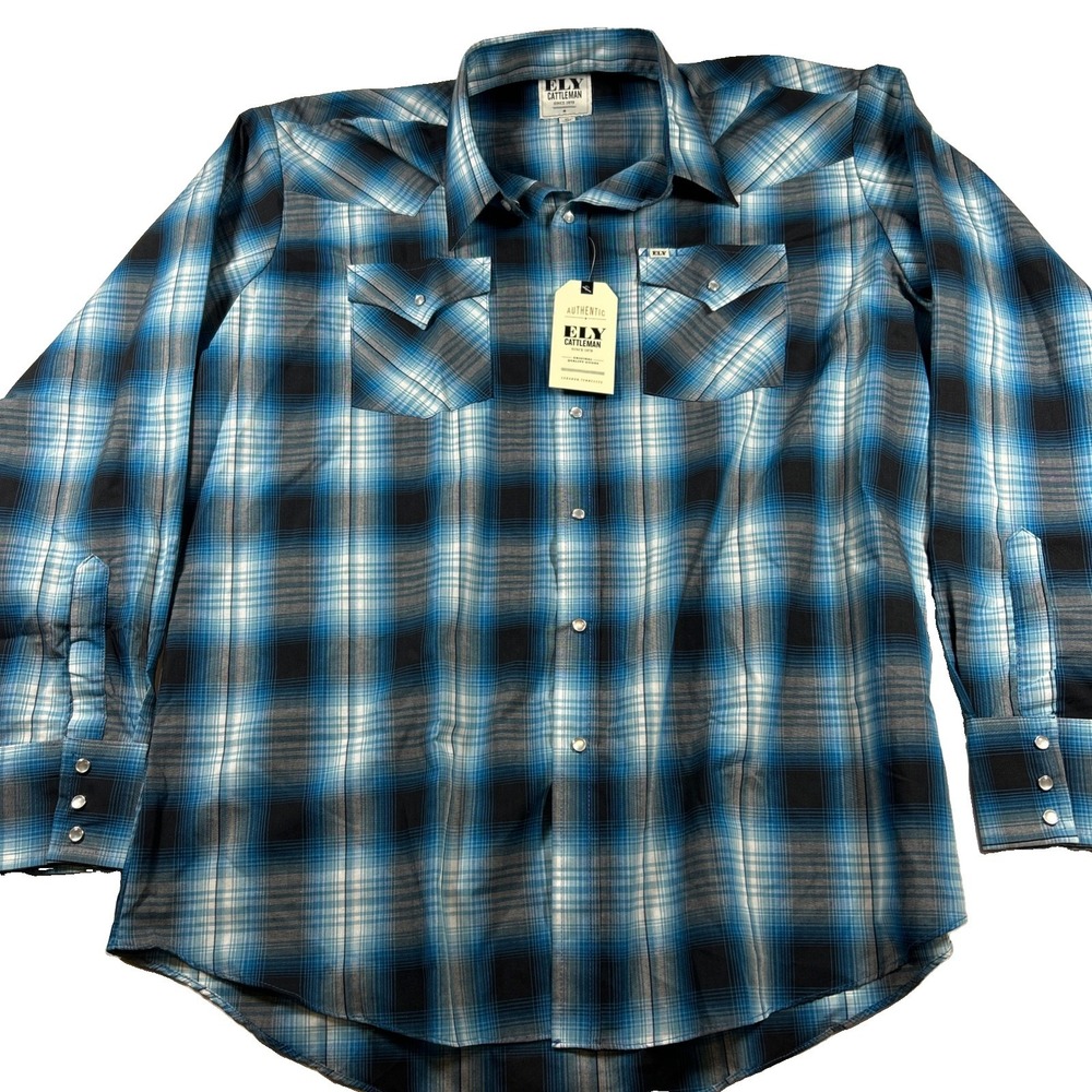 NWT ELY Cattleman Western Pearl Snap Flannel Shirt Mens XL Tall Blue Plaid